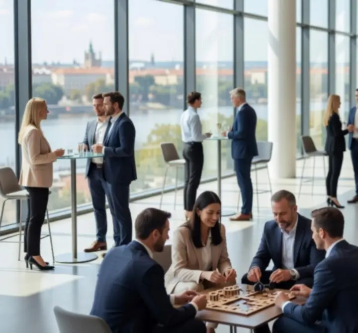 Elegantní firemní akce s kolegy zapojenými do společných aktivit